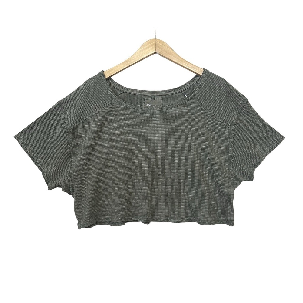 Aerie Cropped‎ Waffle Knit Top Womens Medium Oversized Boxy Military Green Beach